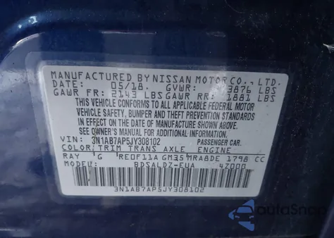 2018 Nissan Sentra Sv z USA, uszkodzony, nr VIN 3N1AB7AP5JY308102